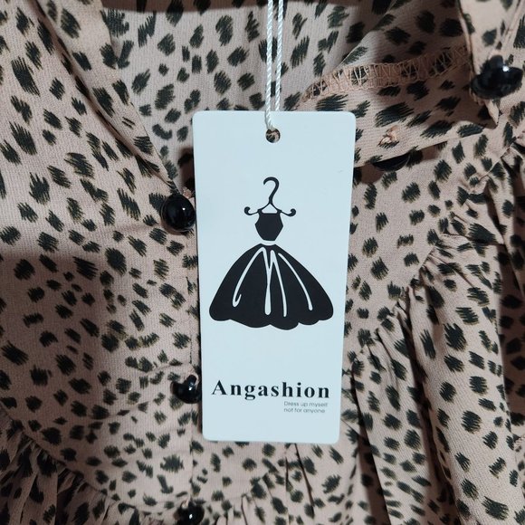 Angashion Button Front Shirt Womens Large Cheetah Print Pink Ruffle Long Sleeve - Picture 4 of 5